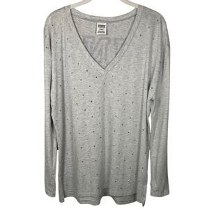 Victoria's Secret Pink Gray Embellished Long Sleeve Graphic Tee Shirt Women's M